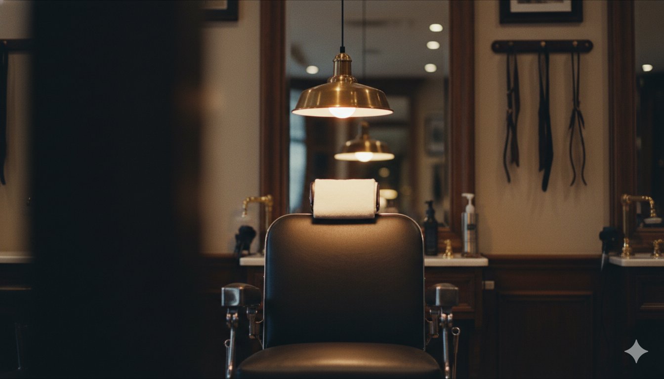 The Grand Barbershop chair under warm brass light